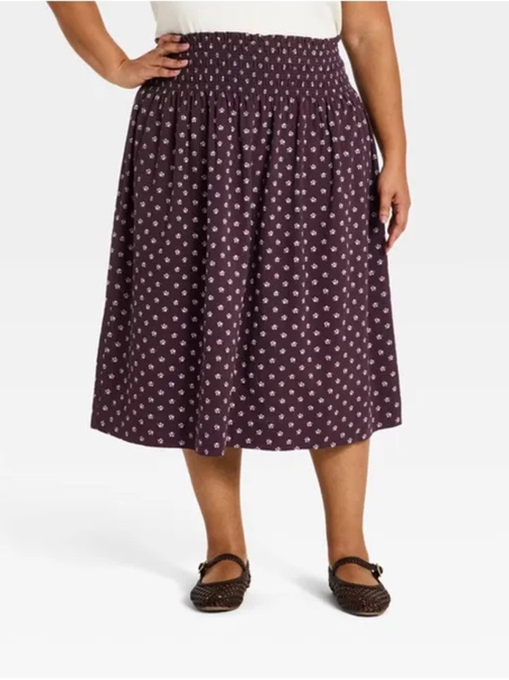 Universal Thread Deep Plum Floral Smocked-Waist Midi Skirt b186